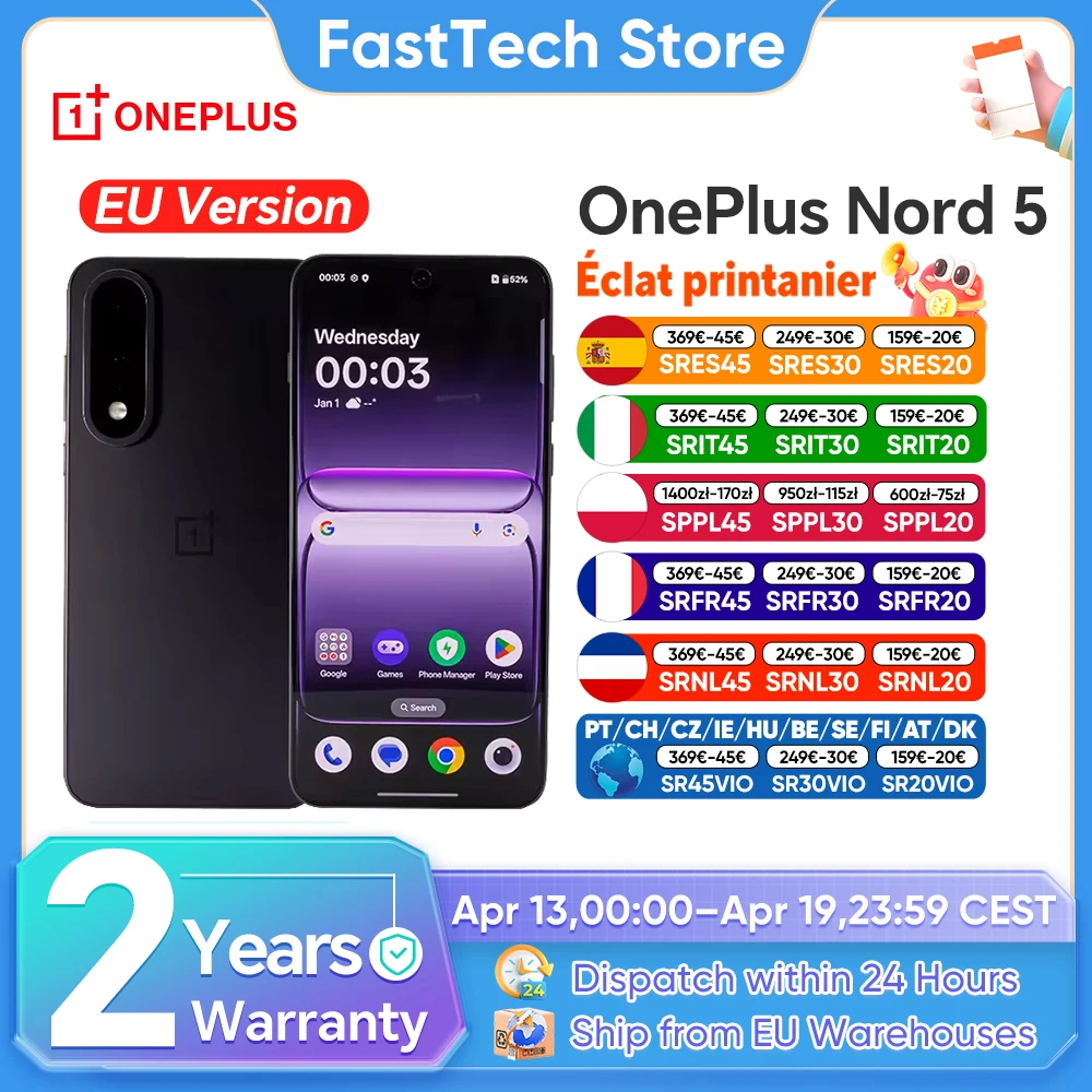Nouveau smartphone OnePlus Nord 5 5G Snapdragon ™   8s Gen 3, écran AMOLED 6,83 pouces, 144 Hz, 5200 mAh, 80 W SUPERVOOC, double appareil photo 50 MP