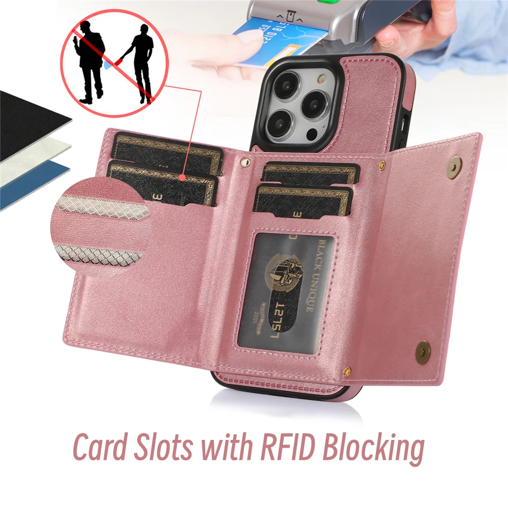 Glitter Leather Wallet Case for iPhone 14 15 16 Pro 16E XR XS 11 12 13 Pro Max 7 8 Plus SE RFID Blocking Card Holder Phone Cover