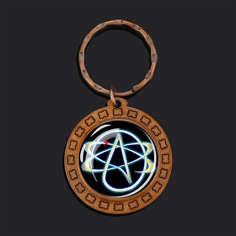 Ateista Symbol brelok bez religii drewniany breloczek Atom wisiorek ze szklanym kaboszonem brelok BKG
