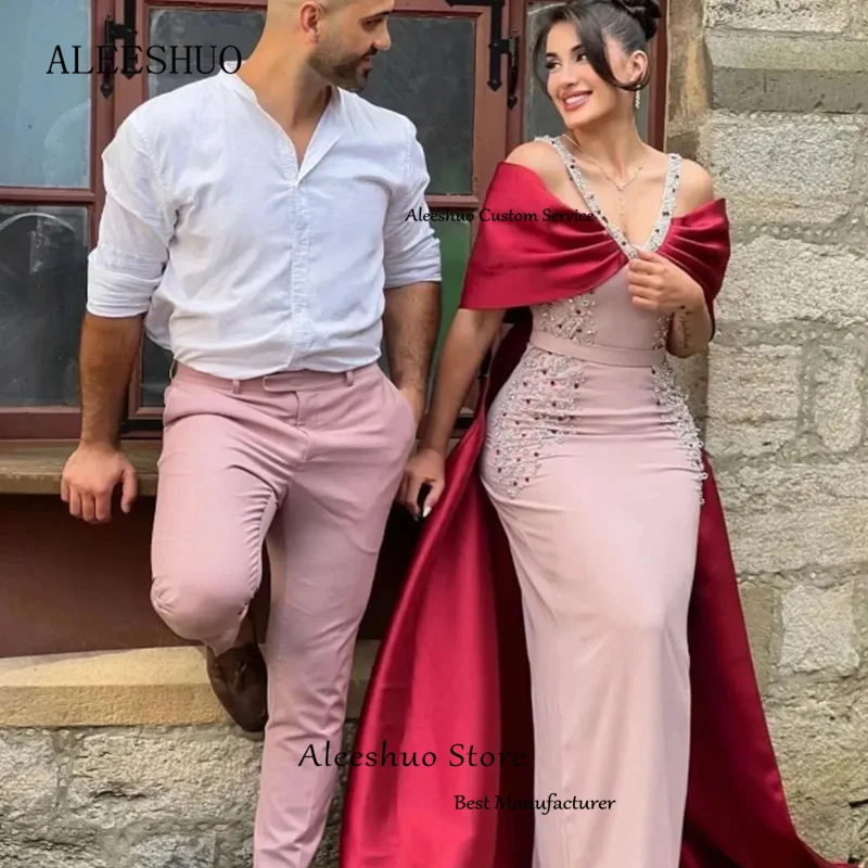 Aleeshuo Luxury Arabic Pink Burgundy Mermaid Evening Dress Beading Appliques Spaghetti Strap Formal Women Prom Party Gowns 2024