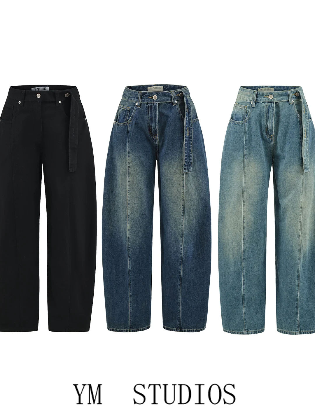 American Retro Women's Loose Fit Jeans Belted Knife  Wide Leg Pants Slimming Silhouette Summer Cotton Denim Jeans