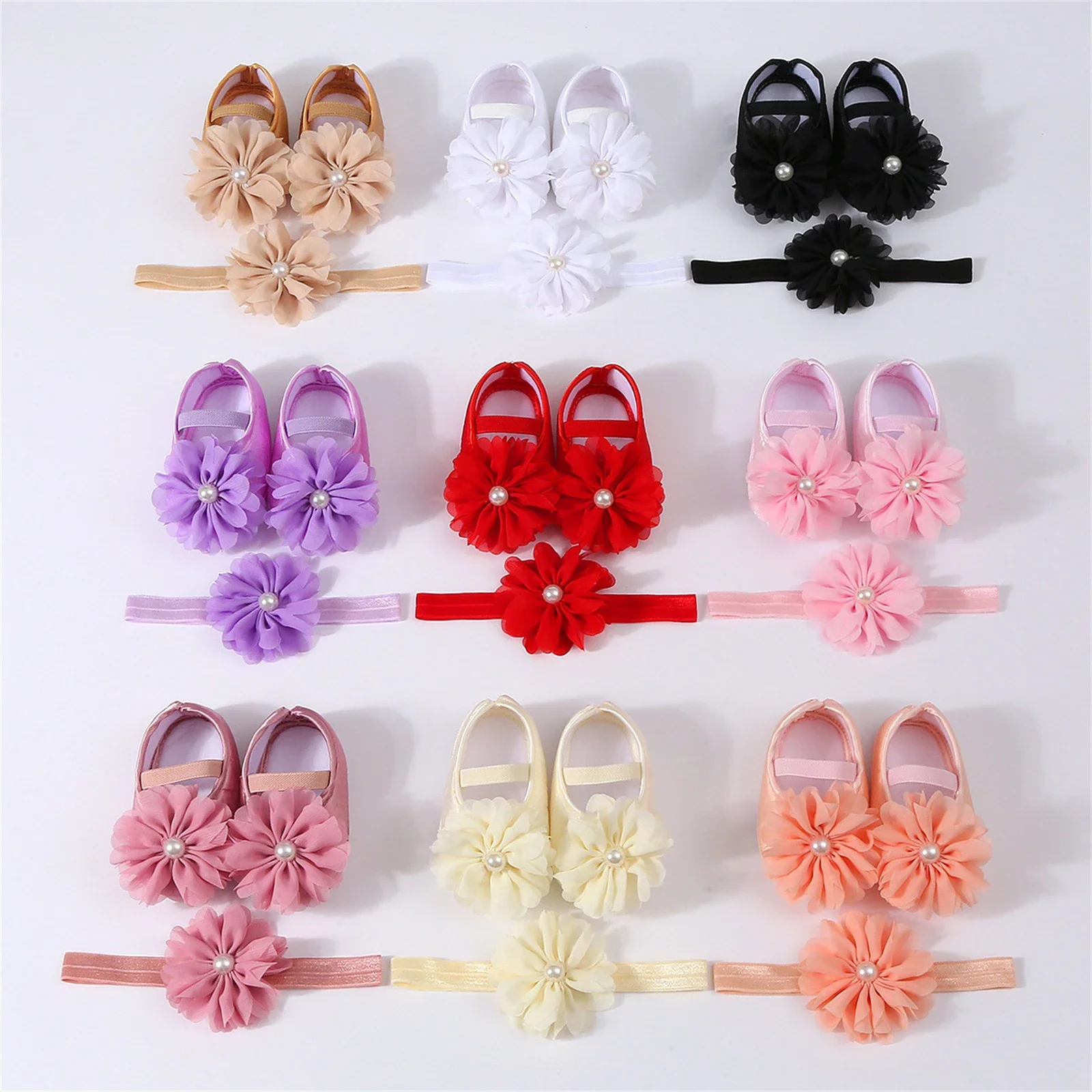 SUNSIOM 0-12 Months Baby Girl Mary Jane Shoes Bead Flower Non-Slip First Walking Shoes with Flower Headband for Spring Fall