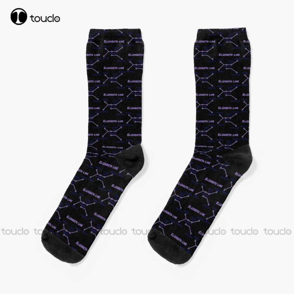 Elizabeth Line Purple Train Map On Black Socks Girl Socks 360° Digital Print Design Happy Cute Socks  New Popular Funny Gift