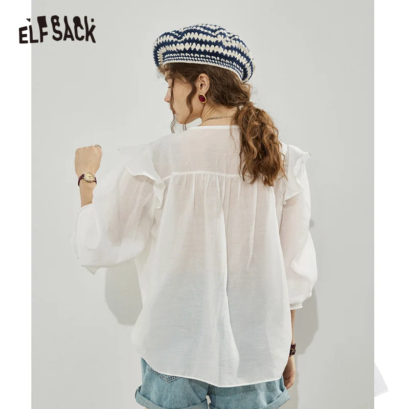 Imagem -05 - Elfsack Branco Chiffon Blusas Femininas 2023 Primavera Manga Longa Básico