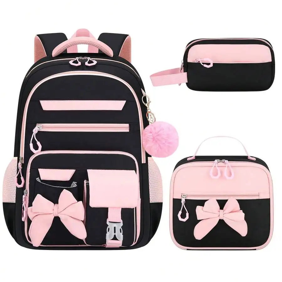 3-piece high-style backpack, handbag, and small bag set, black and pink color-blocking with bow decoration and pom-pom pendant, double zipper, multi-pocket, large-capacity backpack