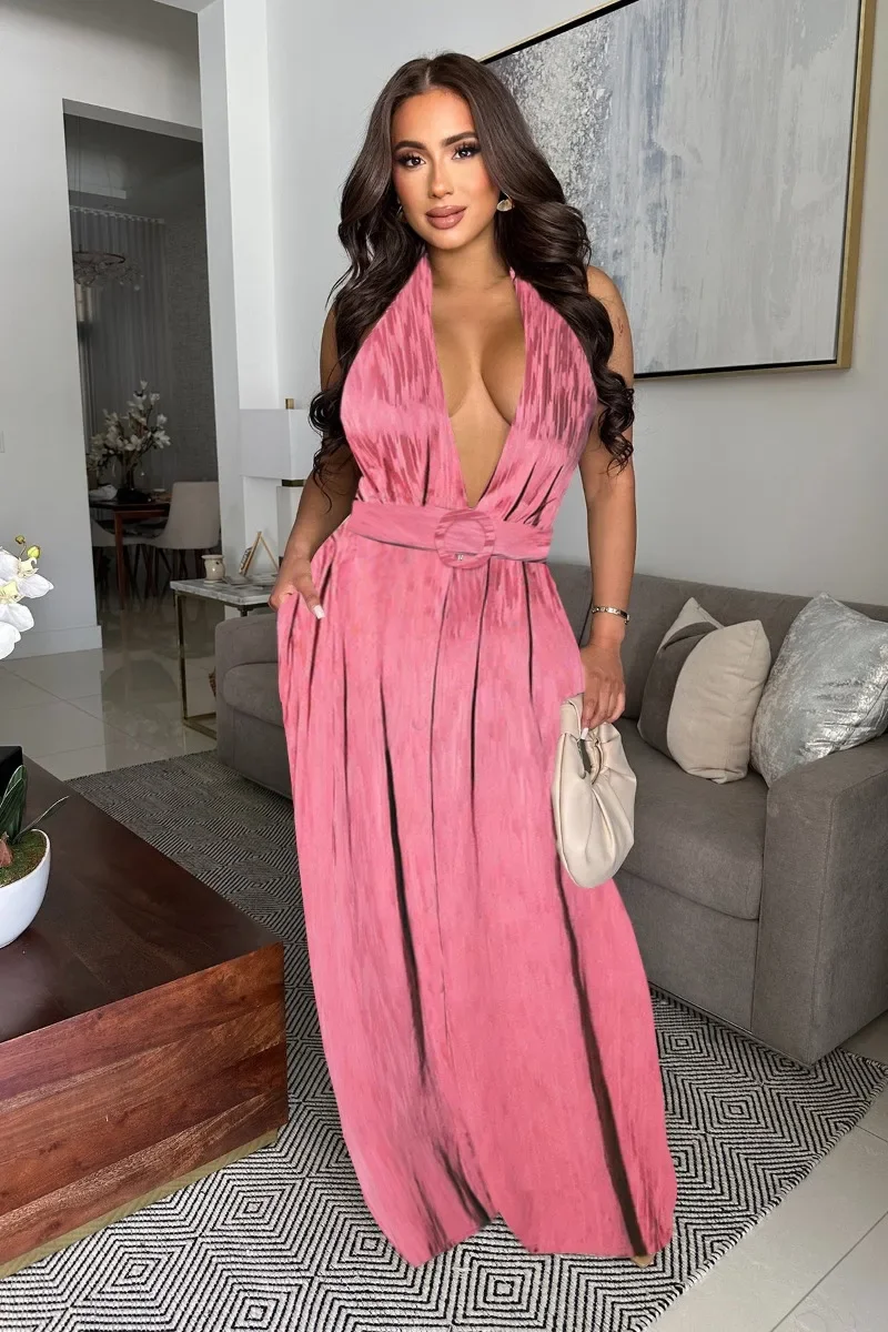 

Женский летний комбинезон GUWU без рукавов с открытой спиной, с поясом, отложным воротником и широкими штанинами, комплект из одной части, уличный стиль