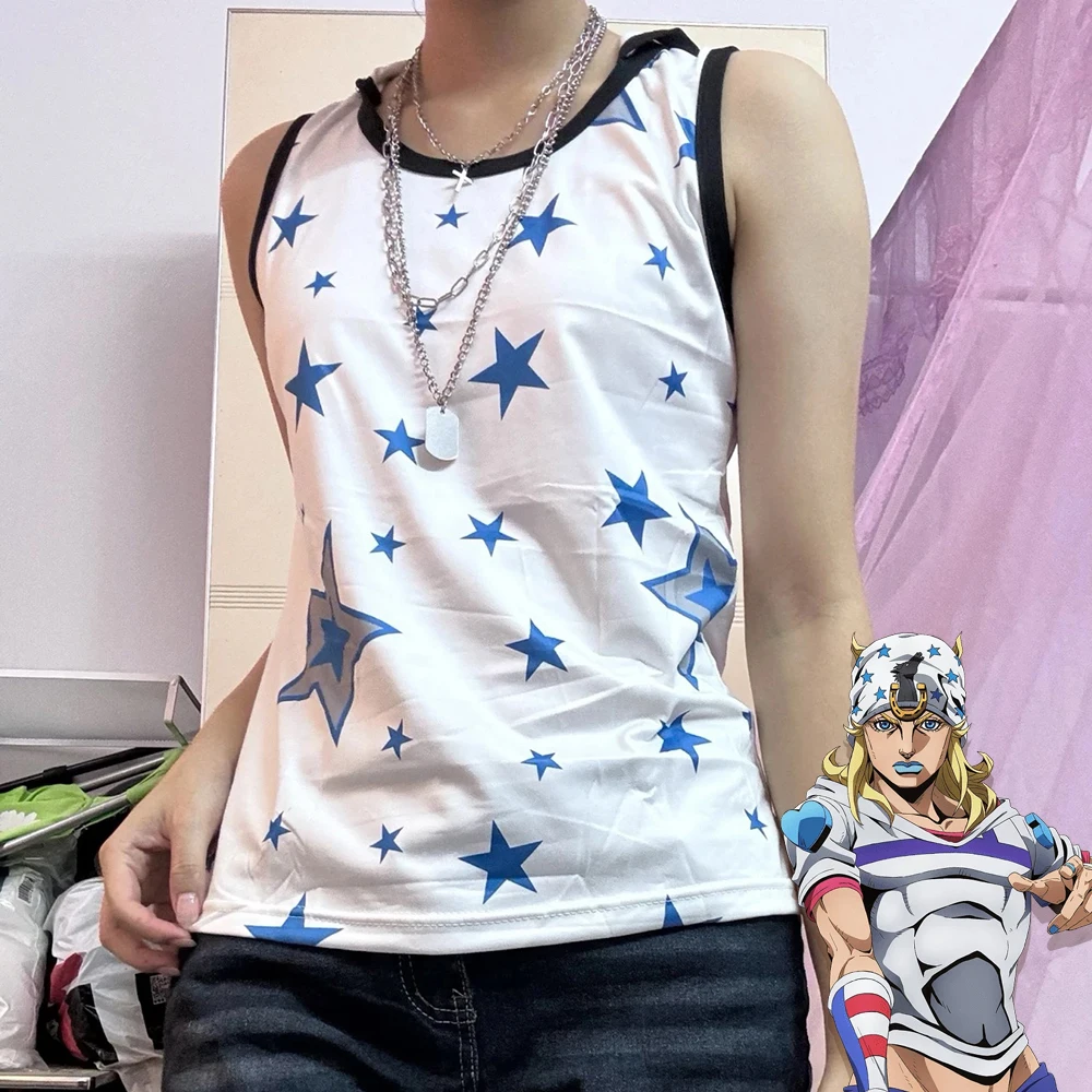 Anime JOJO STEEL BALL RUN Jonathan Joestar Cosplay Ärmelloses T-Shirt Kostüm Unisex Y2K Vintage Star Print Kapuzenoberteil Kleidung
