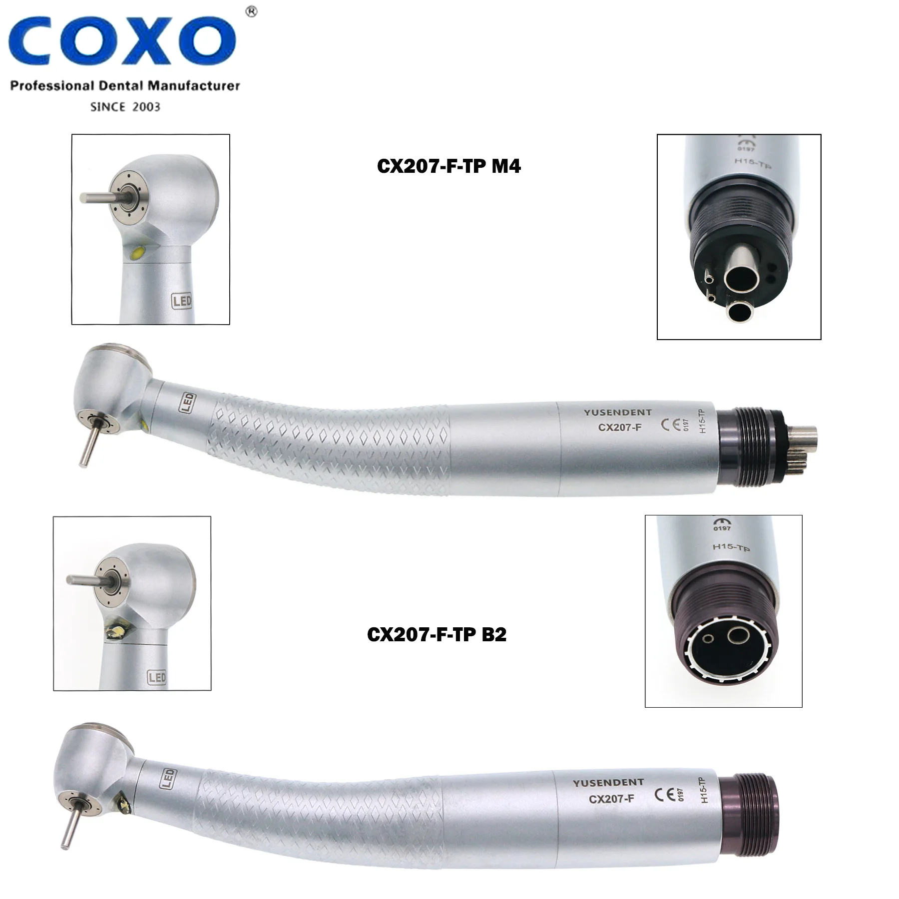 

COXO Dental LED Handpiece High Speed Handpiece E Generator Torque Head Air Turbine Coupler 3 Water Spray Push Button 2/4 Holes