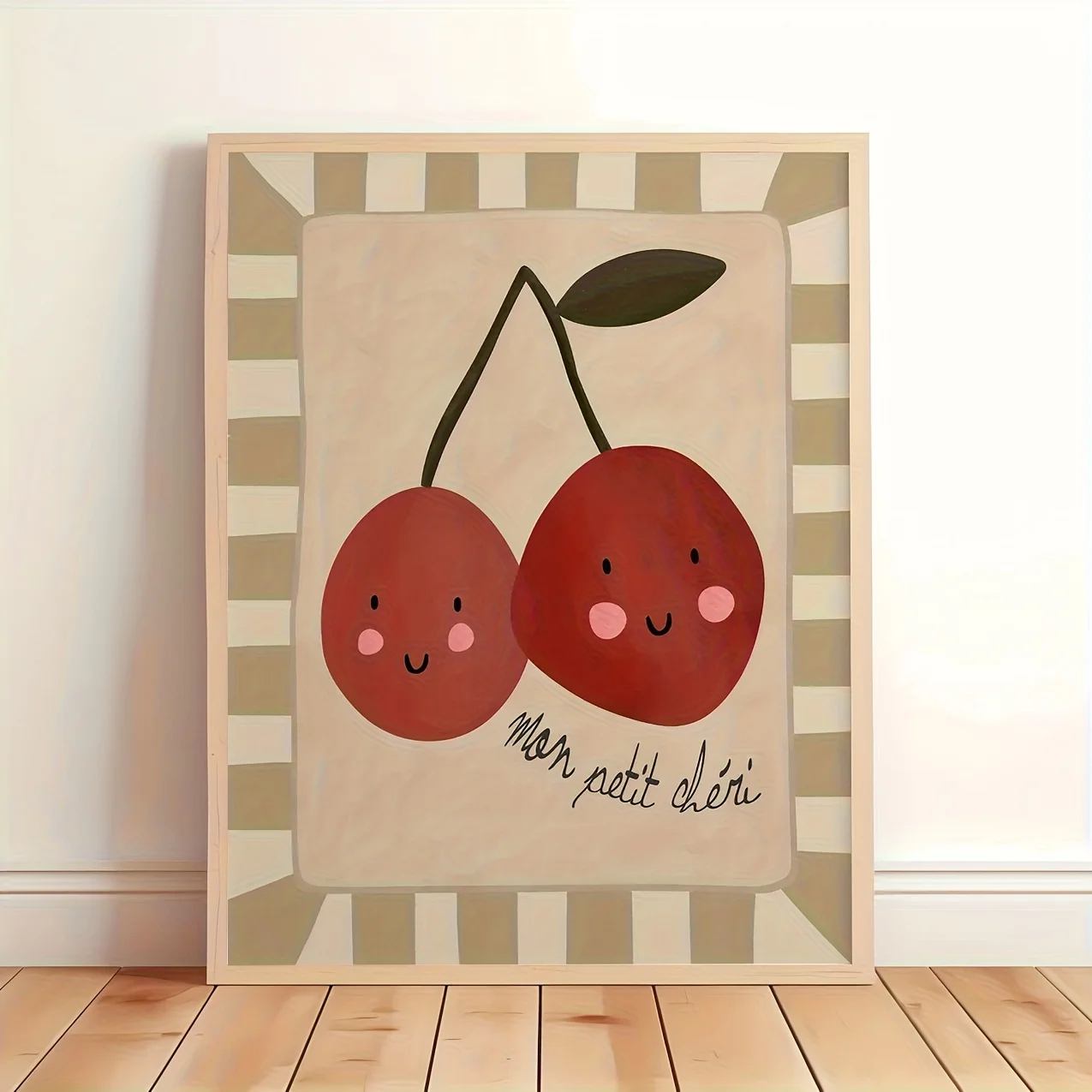 2D Flat, [2D Flat] 1pc Mon Petit Cheri 2D Flat Print Canvas Wall Art - Adorable Cherry Couple Design, Frameless Canvas Print