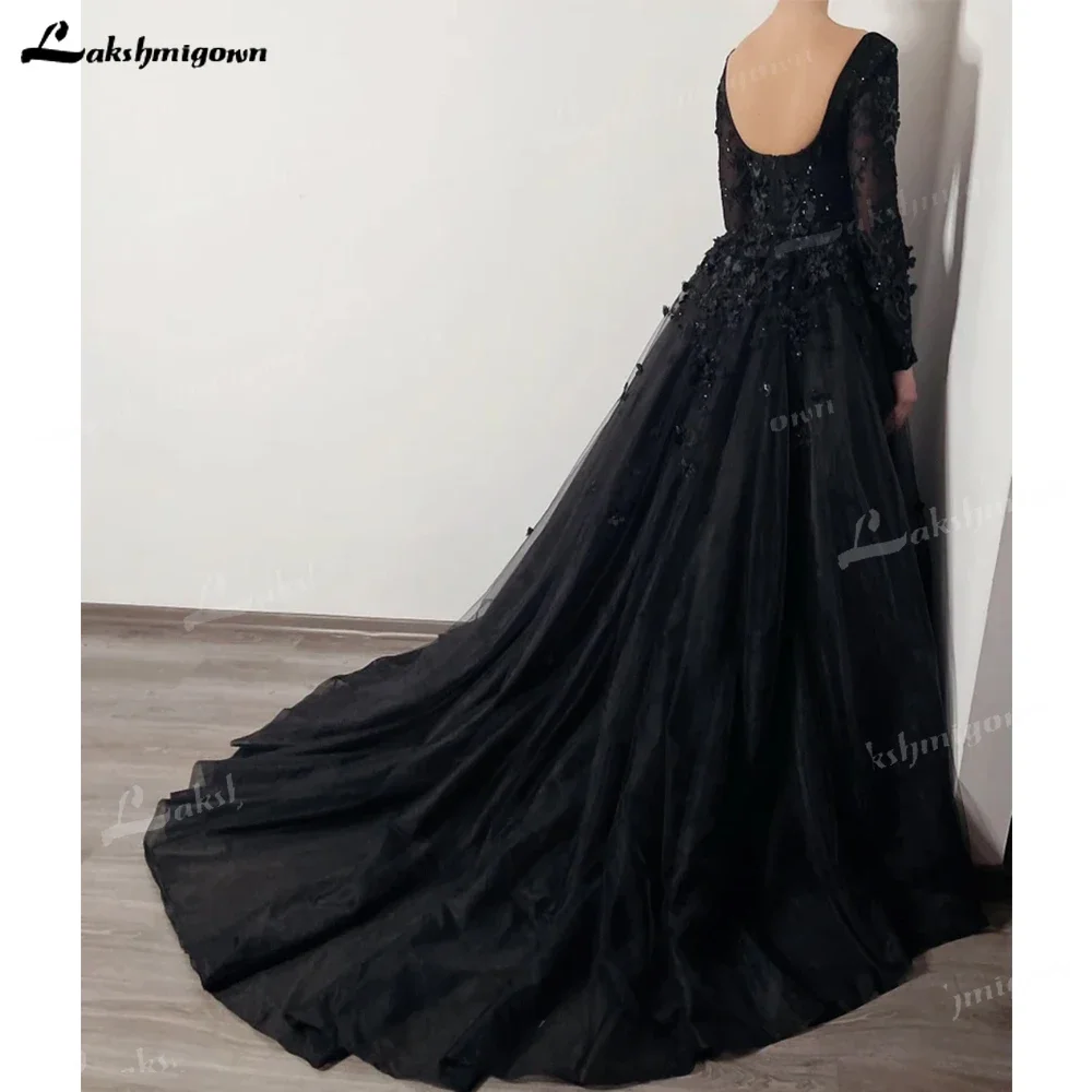 Shiny Black Gothic Elegant 3D Floral Beaded Wedding Dress Open Back Train Tulle Gown Long Sleeves Detachable Skirt Brautkleider