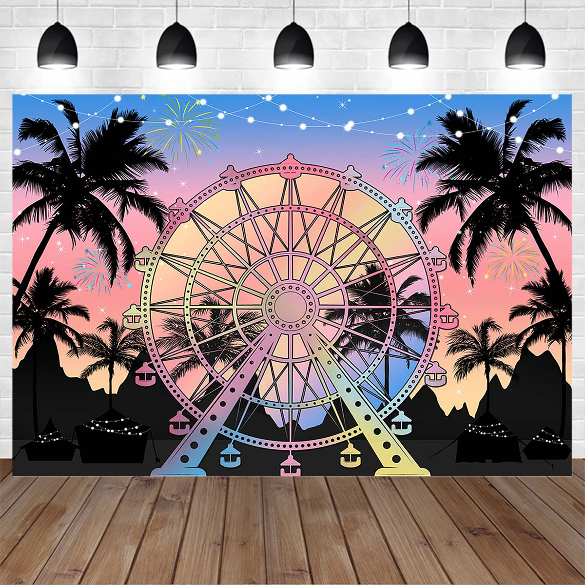 

Mocsicka Ferris Wheel Background Photography Summer Night Tropical Palm Tree Music Party Decoration Backdrop for Photo Studio