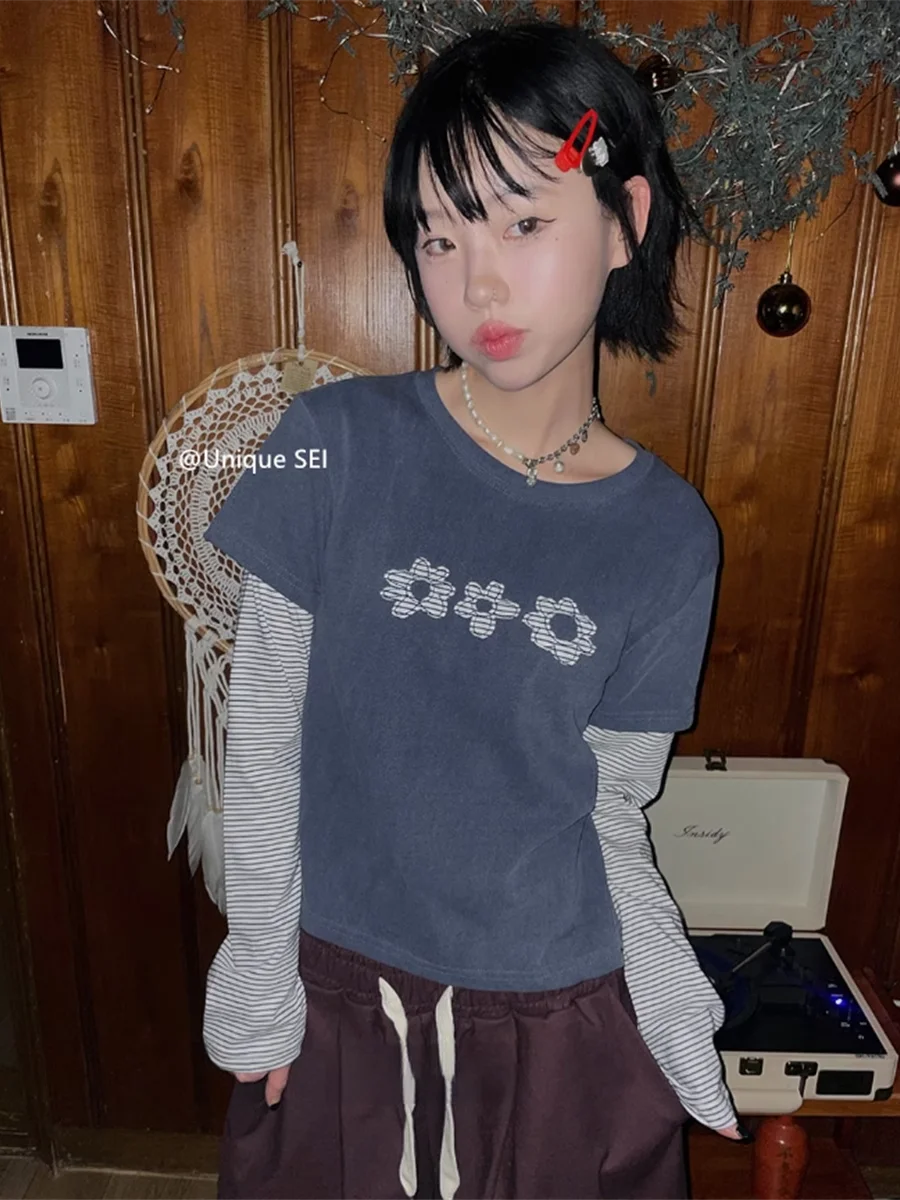 

Винтажные цветочные лоскутные полоски контрастного цвета, искусственные футболки из двух предметов с длинными рукавами, осенняя мода, уличная одежда, женский топ Y2k