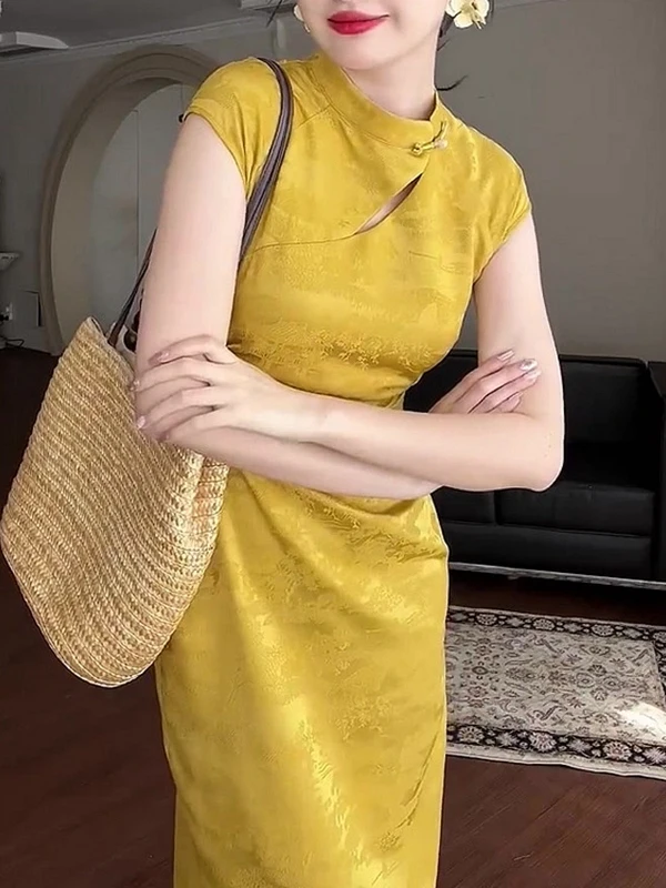 

Новое элегантное желтое платье-ципао в китайском стиле для женщин, лето 2025, высококачественное, с воротником-стойкой, длинным рукавом, миди, для офиса/повседневной носки