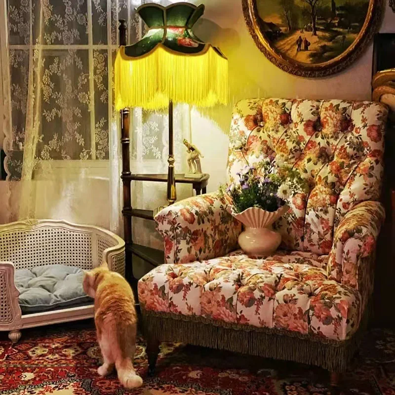A44 living room printing American retro high-back single sofa chair pastoral style floral fabric balcony