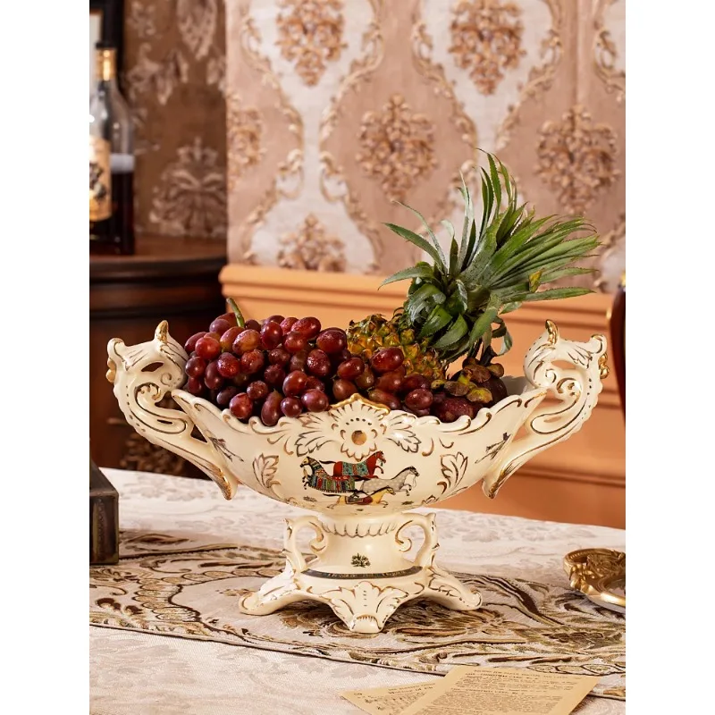 European fruit plate three-piece living room luxury high-end large high-footed retro ceramic fruit plate home coffee table ornam