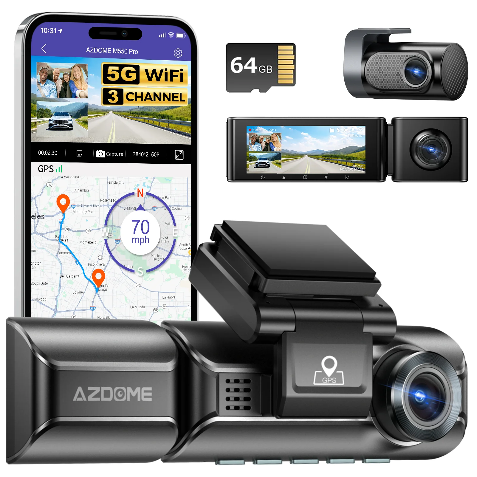מצלמת דרך AZDOME M550 Pro 4K עם GPS