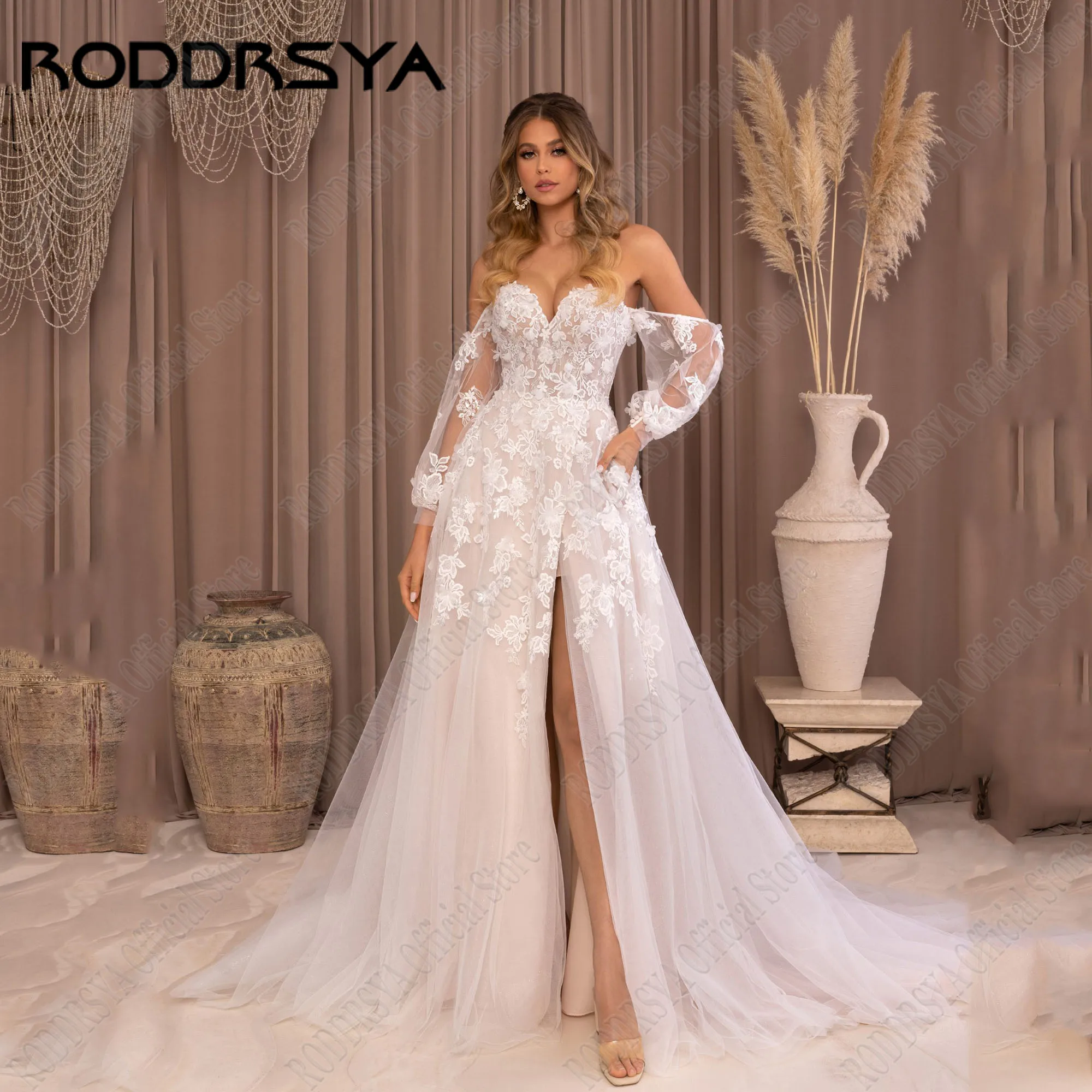 RODDRSYA Customized Sparkling Beach Wedding Dress Puff Sleeves Sweetheart Side Split Bride Gowns Applique Lace Wedding Gowns