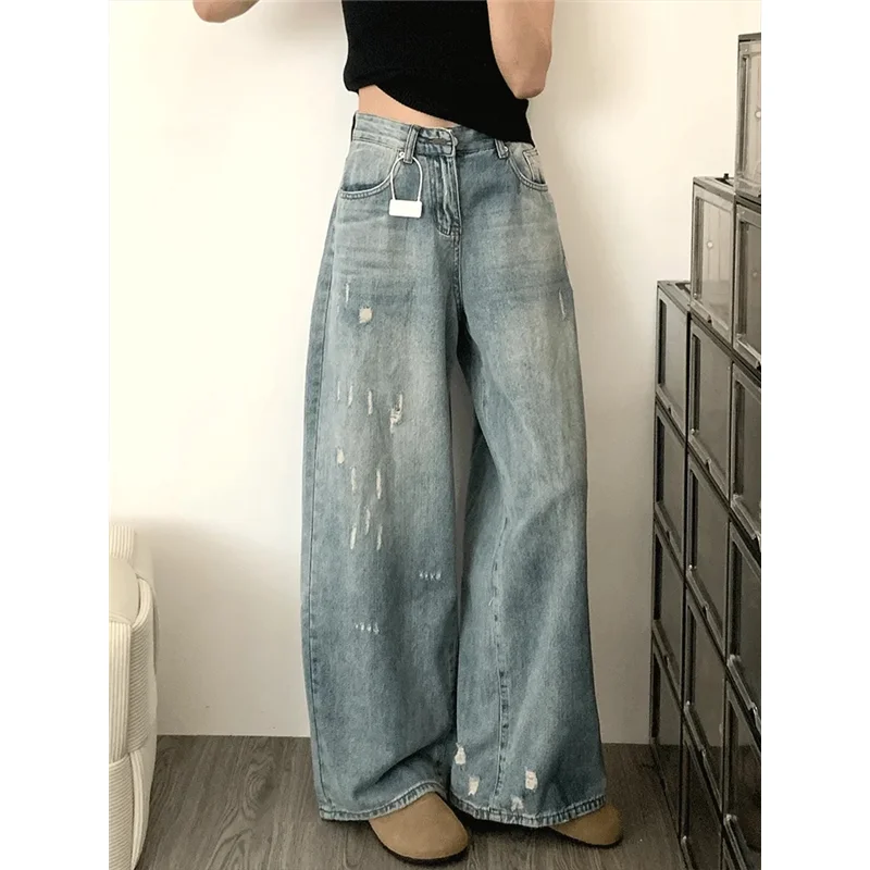 

2024 Blue High Waist Women Jeans Feeling Vintage Straight Casual Baggy Streetwear Y2K Ripped Wide Leg Female Trouser Denim Pants