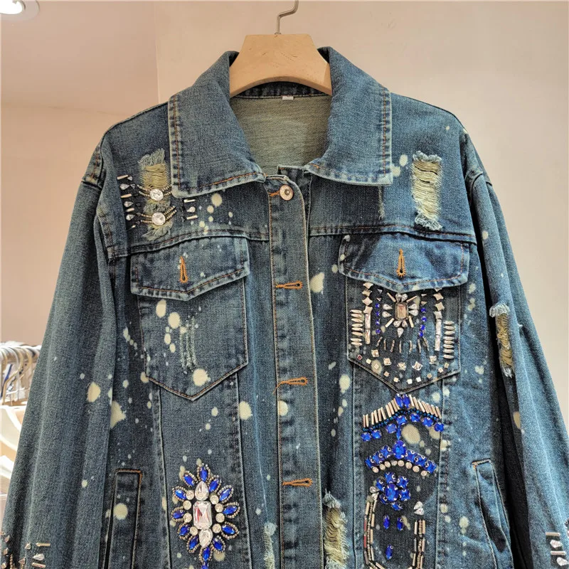 Streetwear Strass Denim Mantel für Frauen Sprng neue lose Diamant Dekoration unregelmäßige Quaste Saum Jacke Jaqueta Feminina