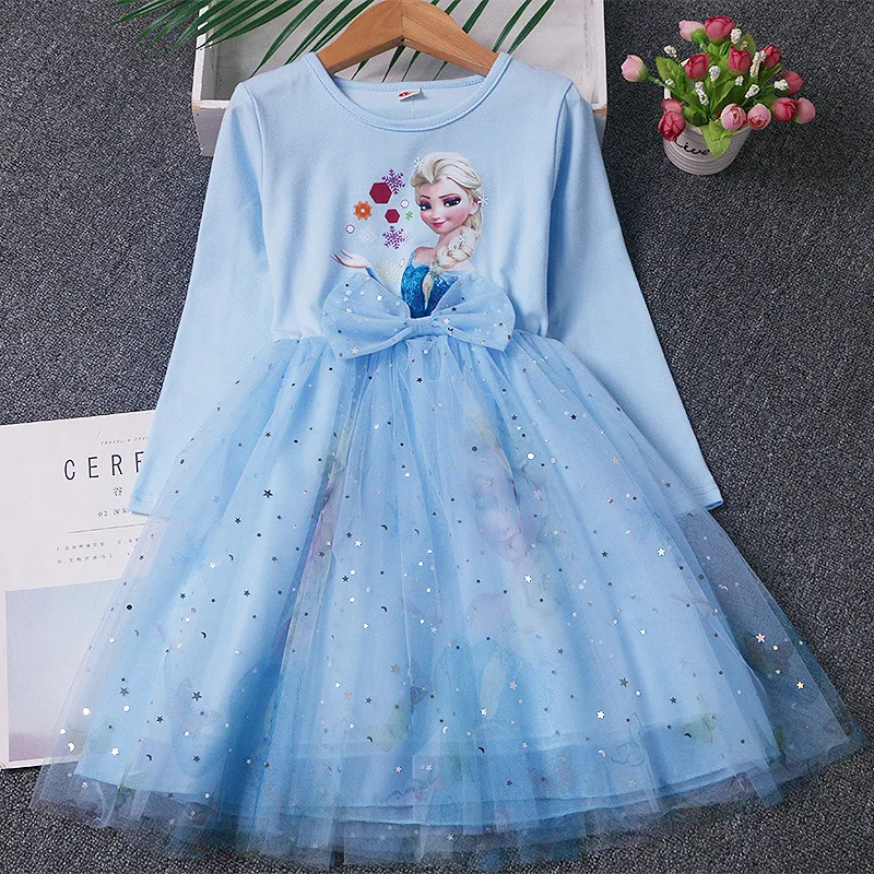 New Spring Autumn Dress Long-sleeved For Children\'s Clothes Elsa Frozen Party Dress 2-8Y Elsa Princess Dress Baby Girls Dress