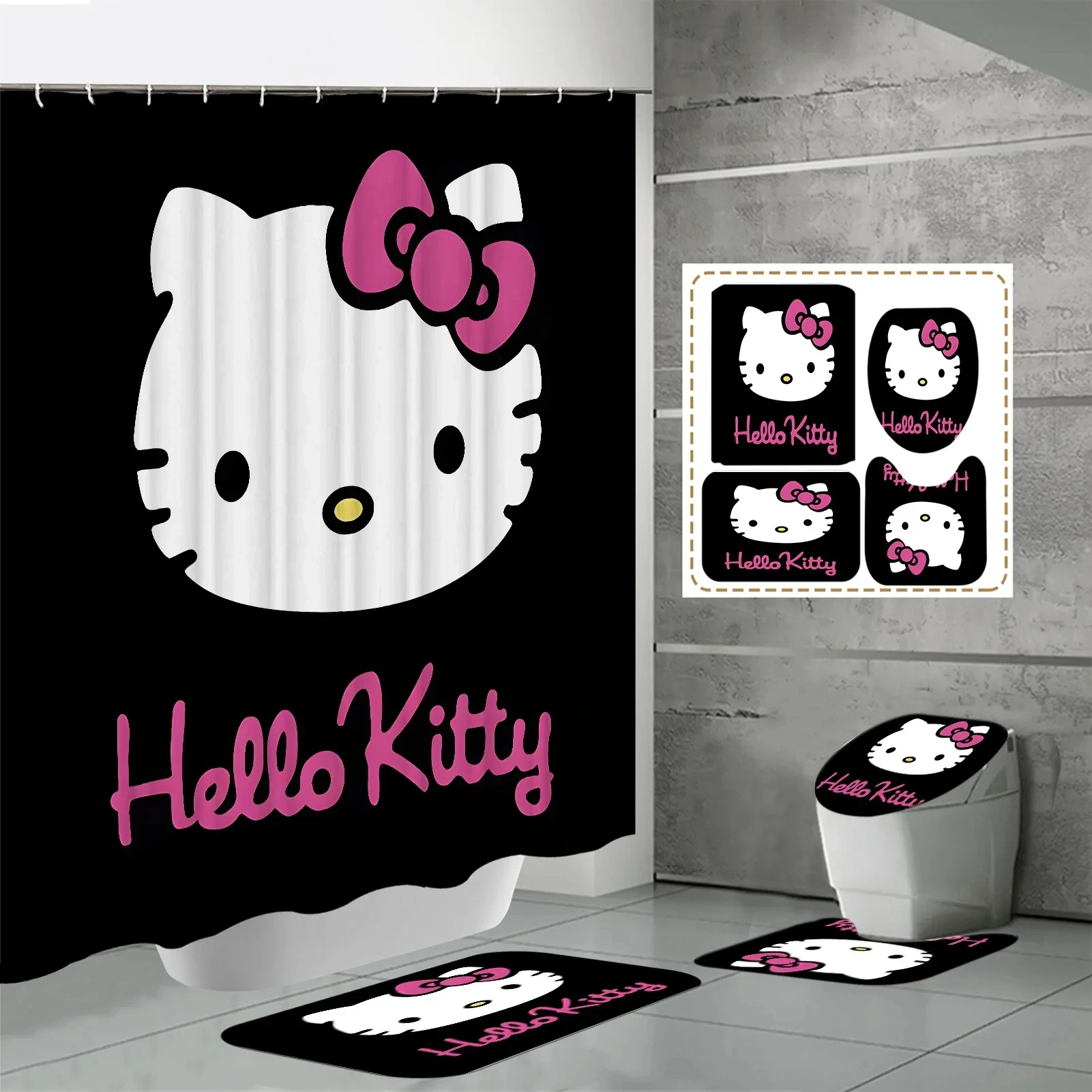 Hello Kitty Cortina De Chuveiro, Sanrio Anime Kit, 4 Conjunto De Peças, Impressão, Tapete Em Forma De U, Almofada, À Prova De Água, Kawaii, Novo