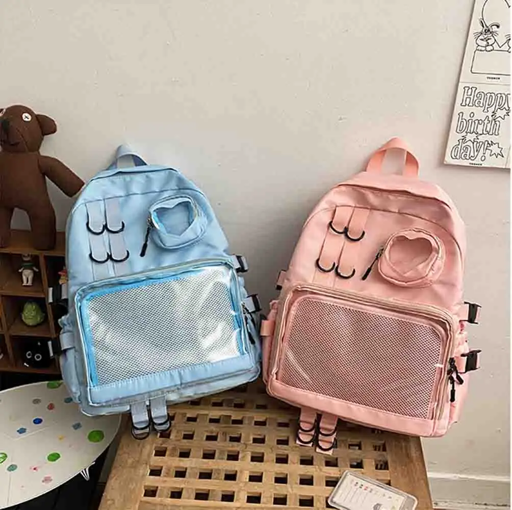 Y2K Kawaii Bag Cute Girls School Backpacks Transparent Pocket Aesthetic Bag Women\'s Large Capacity Casual Fashion Backpacks