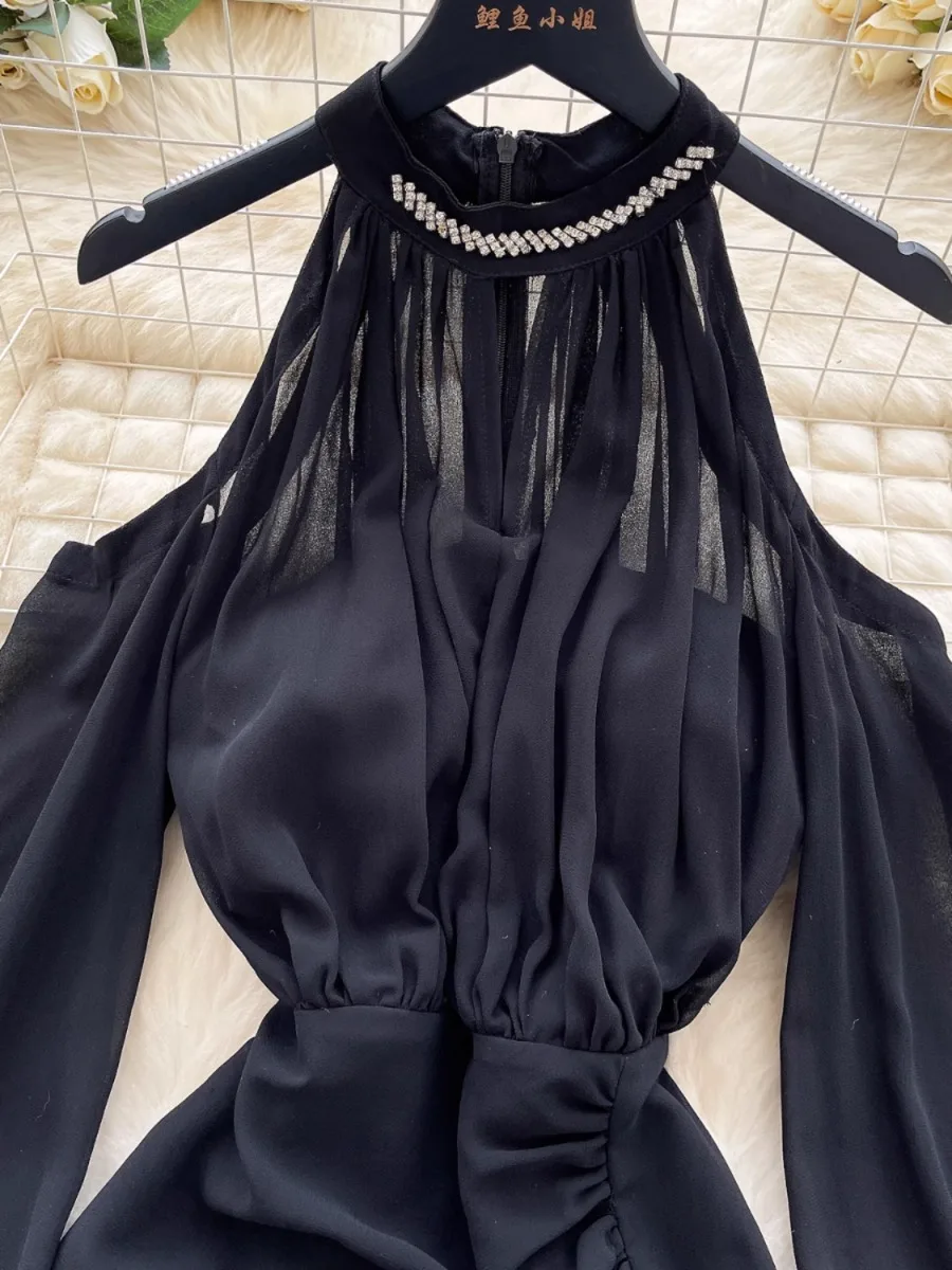 Foamlina Diamond-Encrusted Neck Off-Shoulder Chiffon Dress Female Elegant Celebrity Long Sleeve Pleated Split Bodycon Dresses