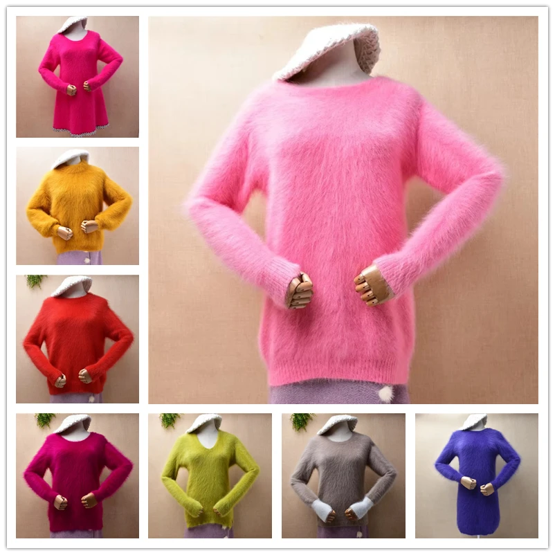 

Ladies Women Fall Winter Clothing Sweet Pink Hairy Mink Cashmere Knitted Buttons Back O-Neck Slim Pullover Sweater Jacket Pull