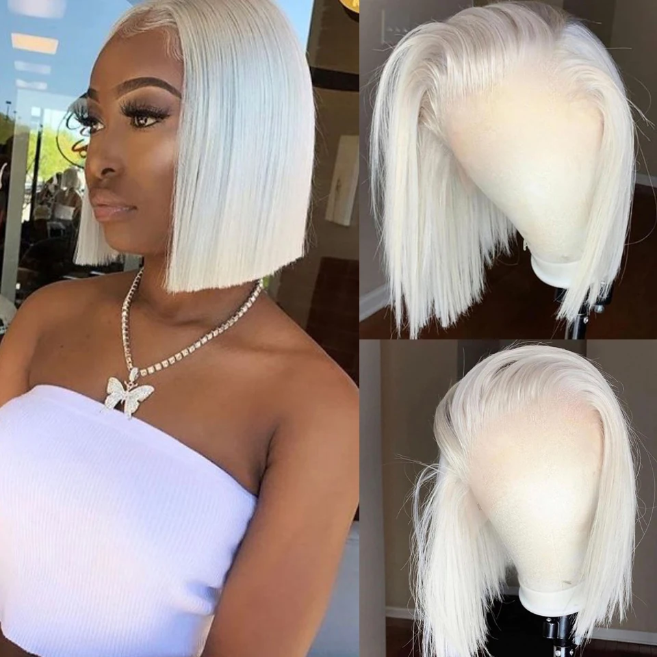 

Soft Ash Blonde Gray Short Blunt Bob Silky Straight Lace Front Wigs For Black Women Baby hair Heat Temperature Daily Cosplay