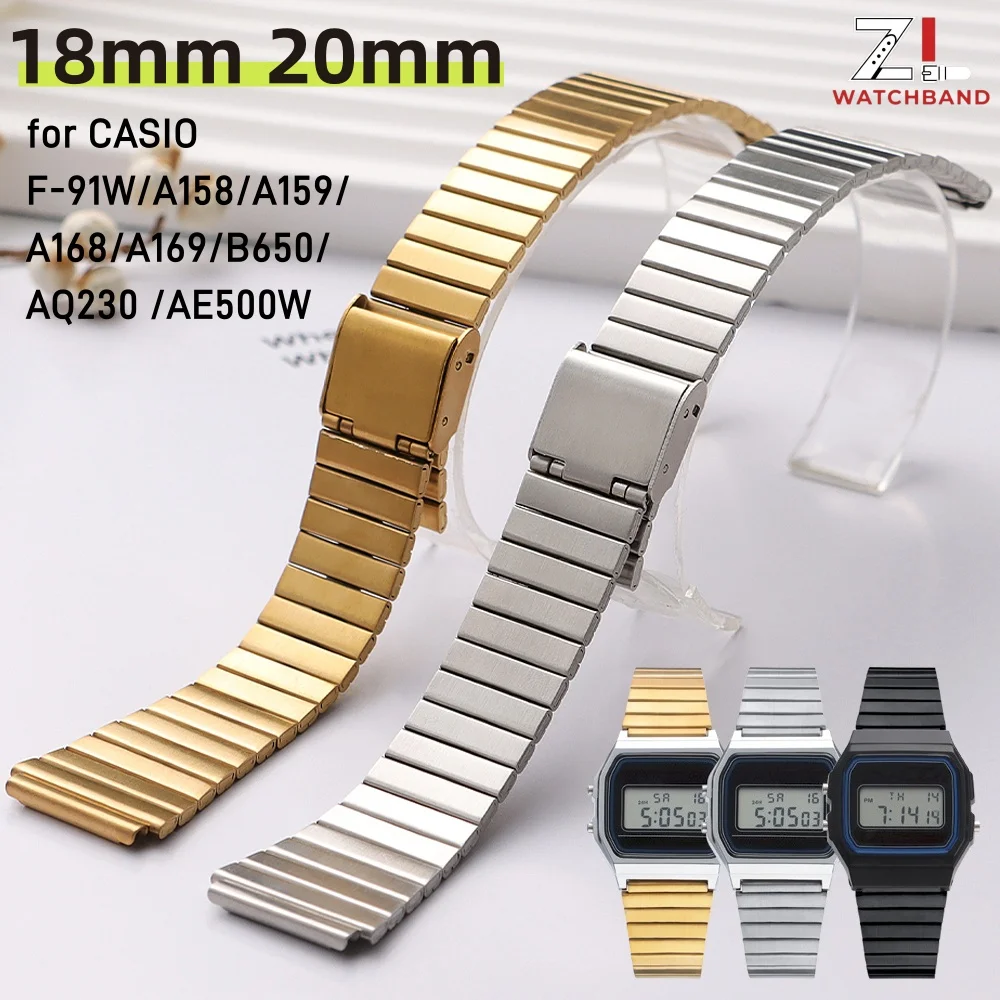 18mm 20mm Edelstahl-Armband Ultra-dünnes Metallarmband für CASIO F-91W/A158/A159/A168/A169/B650/AQ230/AE500W Uhrenarmband