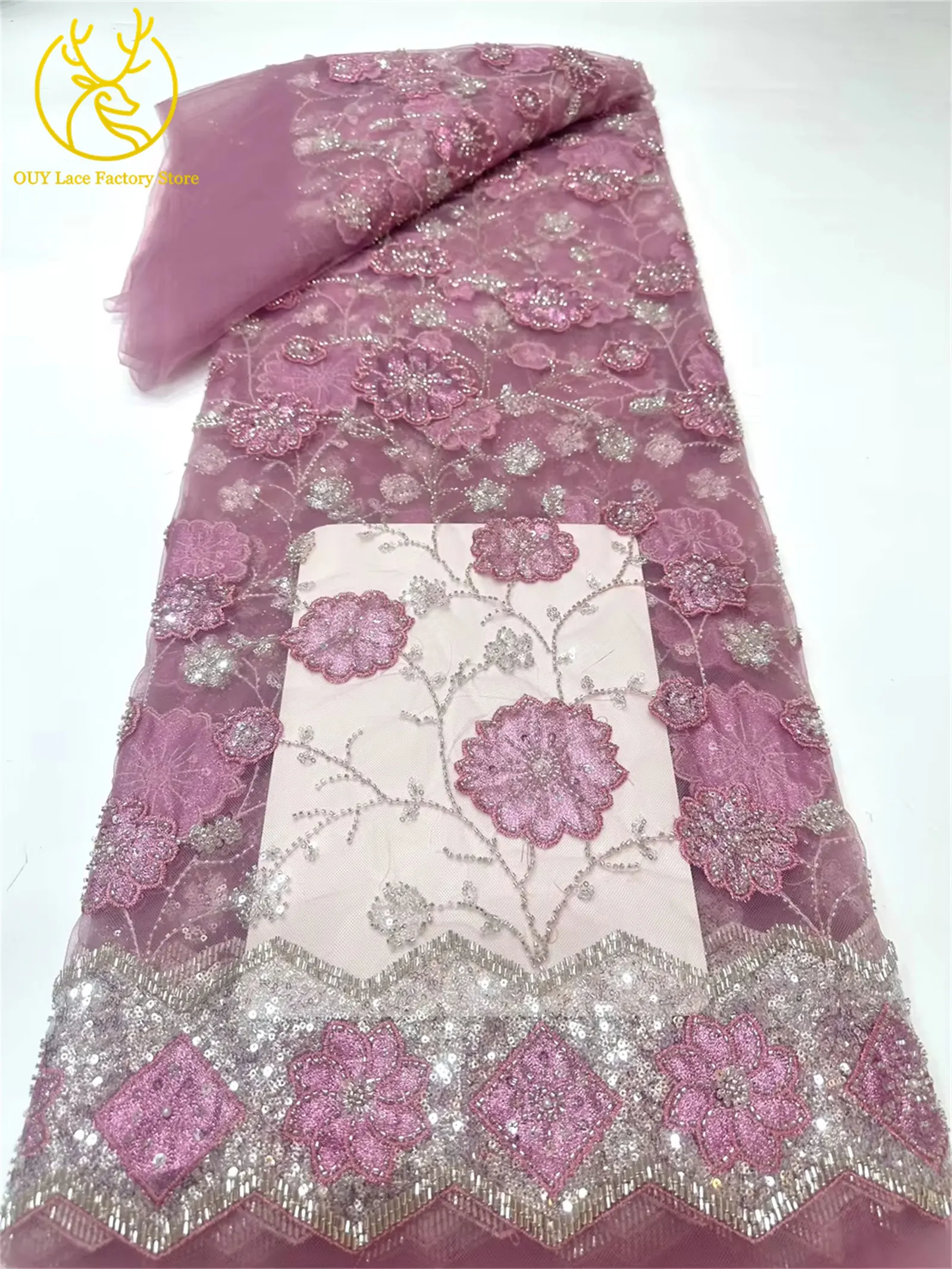 Französischer Groom-Spitzenstoff mit Stickerei und Perlen, afrikanischer Spitzenstoff, nigerianischer Tüllspitzenstoff für Hochzeitskleider und zum Nähen. – Detail 17