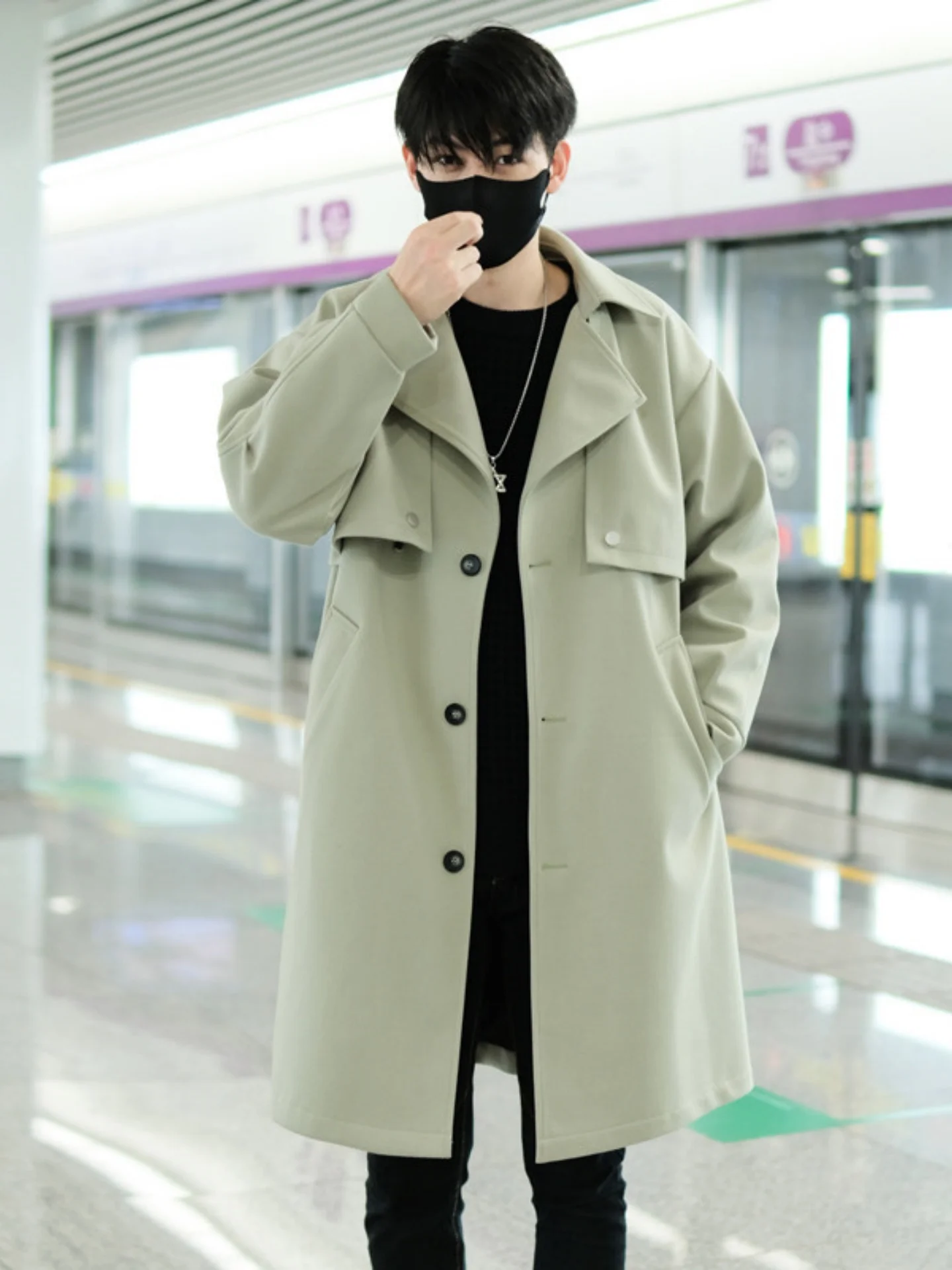 

Men's Mid-Length Woolen Coat Fall Winter Fashion Urban Style Windproof Durable Breathable Single-Button Closure Flap Pocket