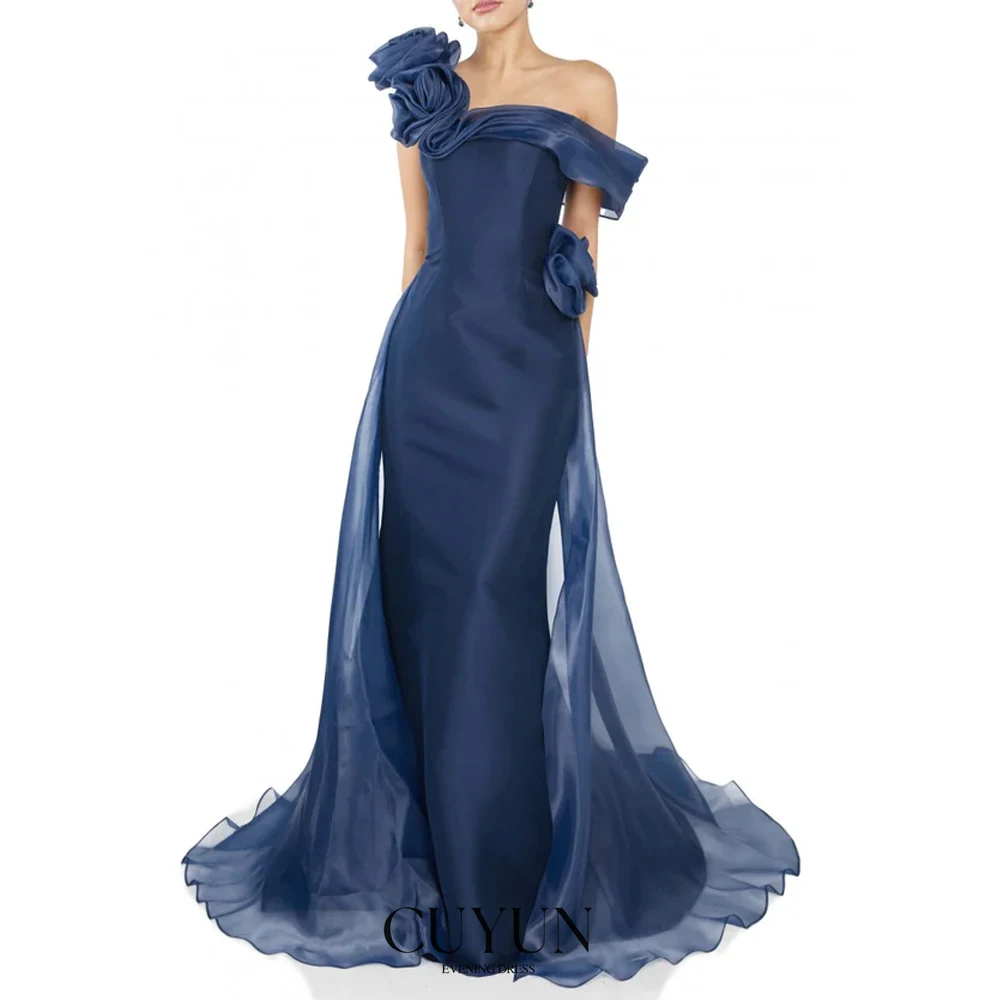CUYUN-vestidos de noche de Organza de seda con un hombro, vestido Formal plisado hecho a mano con flores, vestidos de fiesta de lujo personalizados para mujer