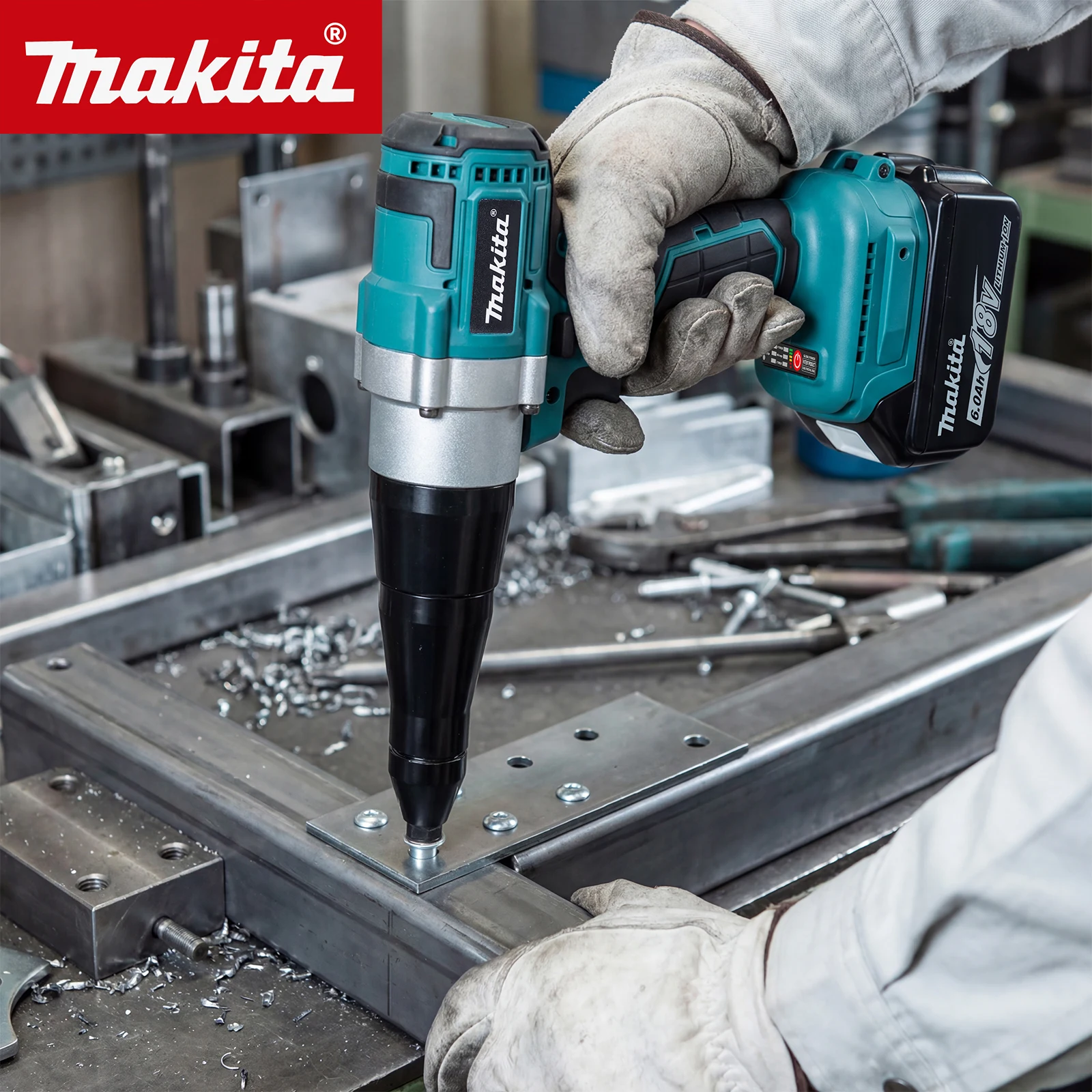 Makita M108 Cordless Electric Rivet Tool Built‑in LED Light Anti‑Slip Rubber Grip for Aluminum Stainless Rivet Fastening