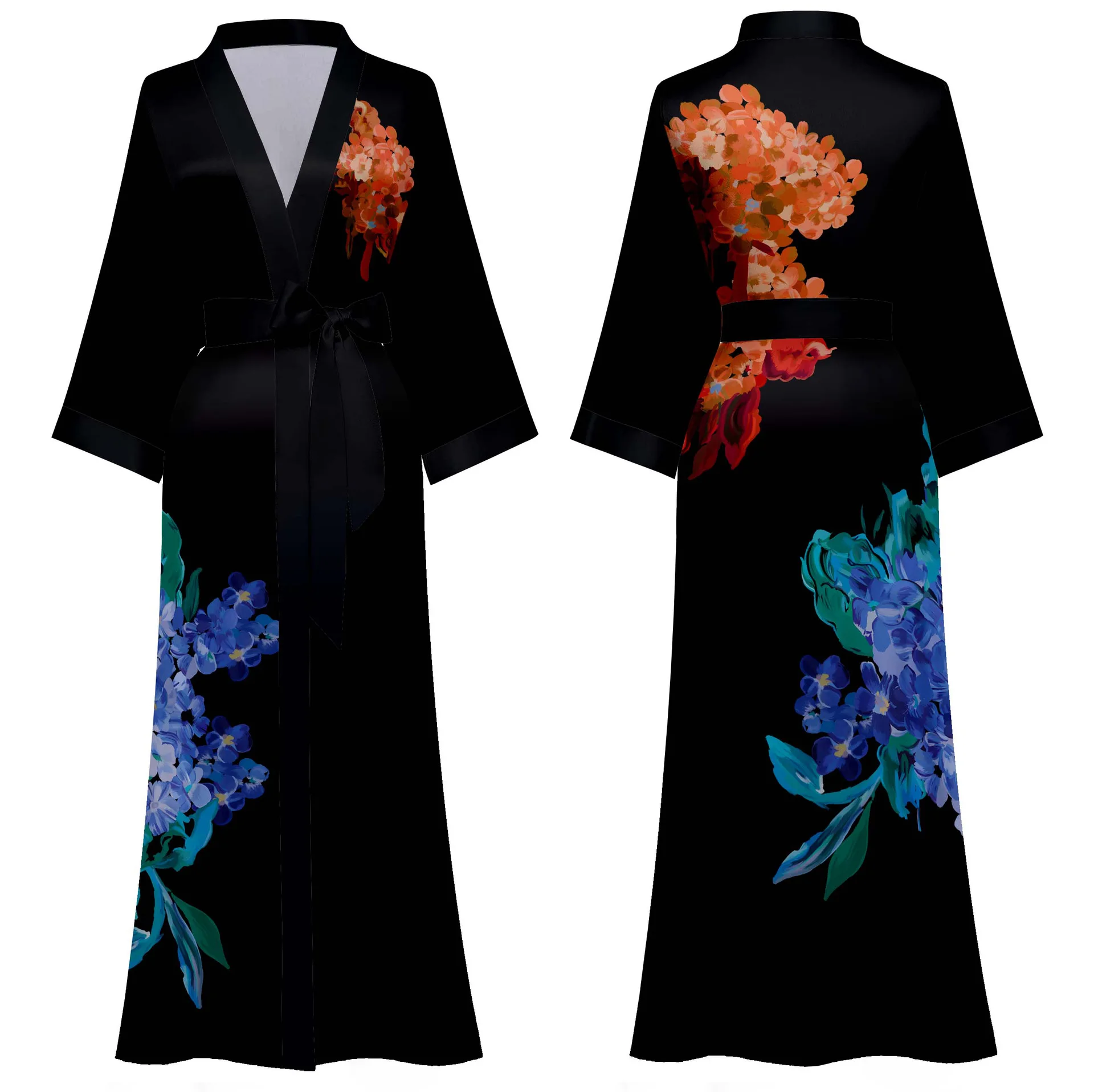 Flower Print Long Robe Women's Large Size Half Sleeve Kimono Bathrobe Sleepwear Silky Satin Homewear Loungewear Dressing Gown 4