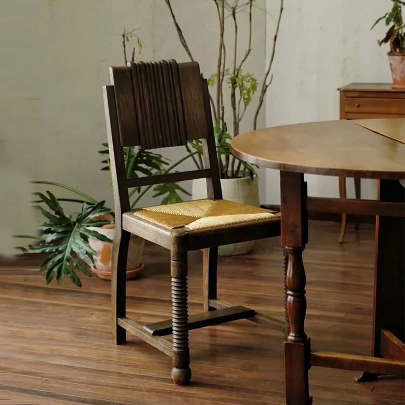 

ty-Designer Home Furniture-Vintage Solid Wood Dining Chair with Natural Wood Carved Backrest Gourd Leg Strong Construction&