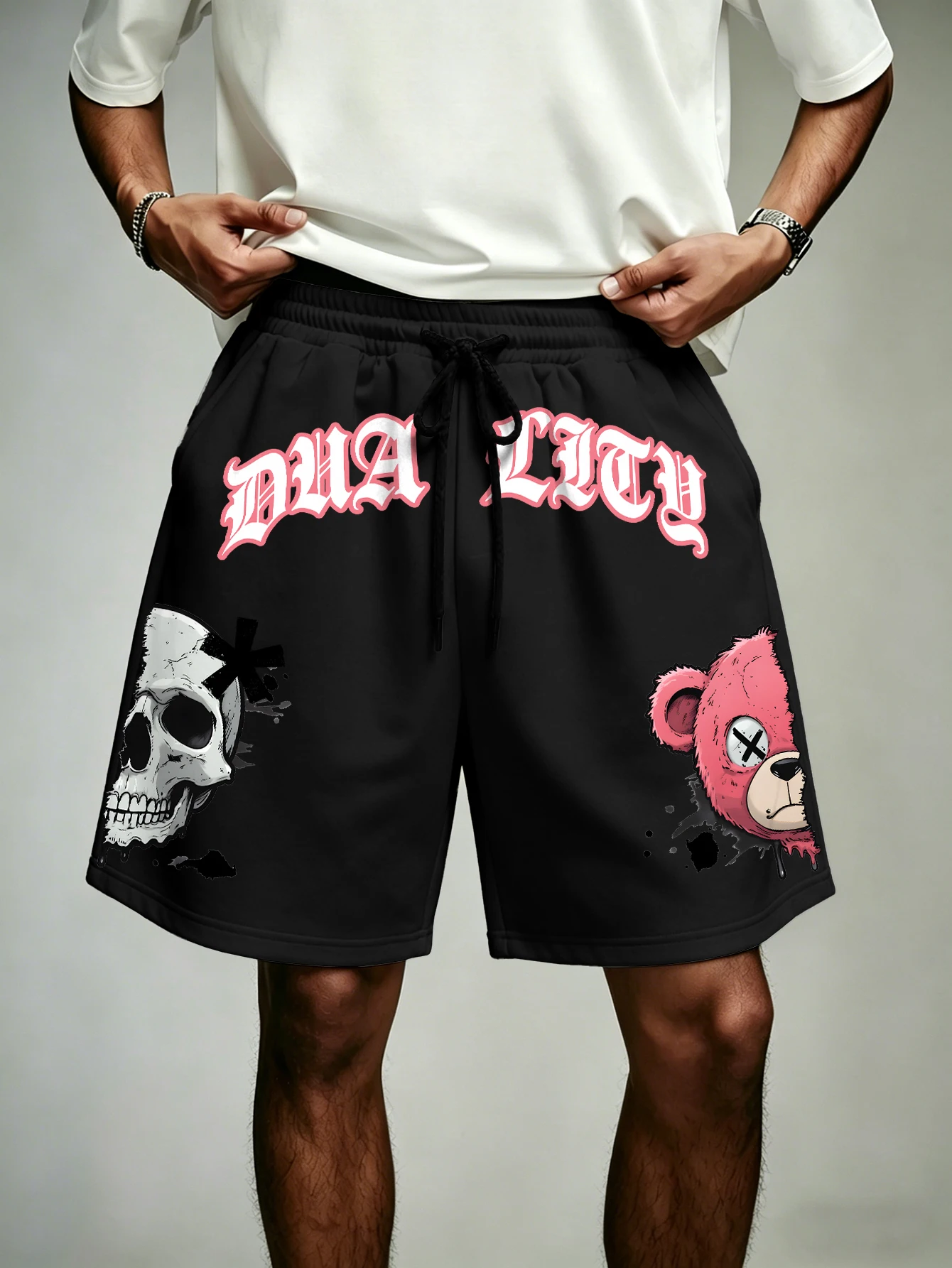 Men's Oversized Streetwear Gothic Skull Bear Print Polyester Drawstring Loose Casual Shorts S-2XL All Size 1Pc