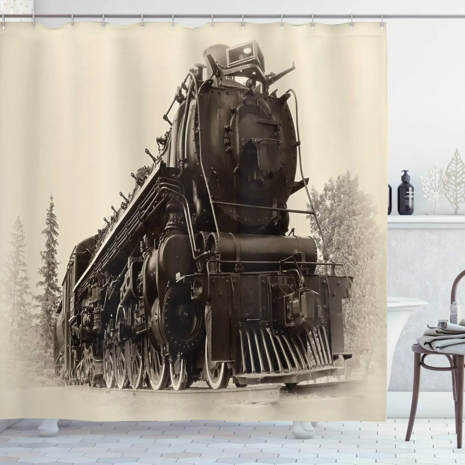 Vintage Industrial Steam Engine Shower Curtain Antique Old Times Locomotive on Rail Road RetroTrain Station Bathroom Curtain
