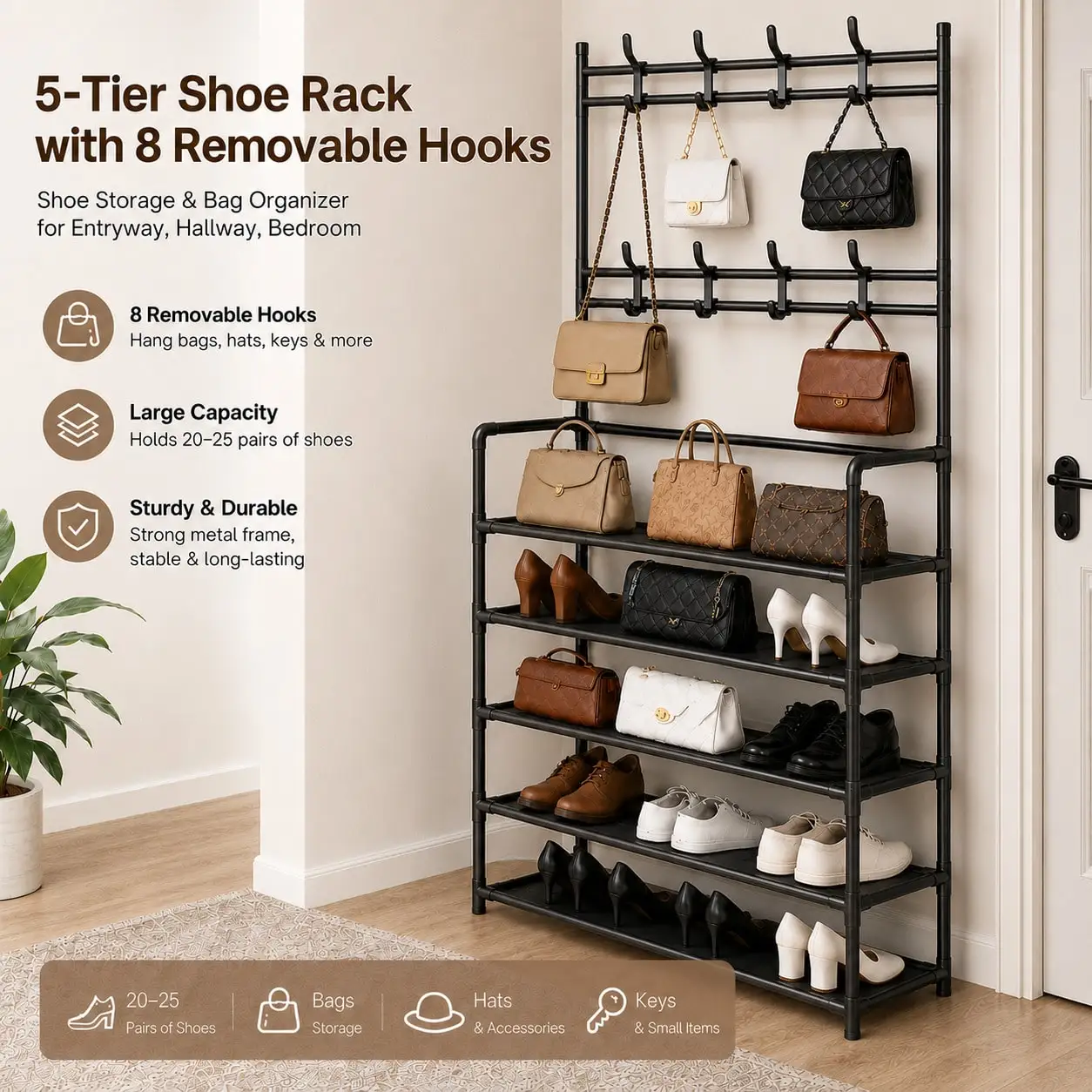 Multi-Functional Shoe Rack With Coat Hooks, 5-Tier Freestanding Shoe Shelf For Entryway, Heavy-Duty Shoe Organizer For Sneakers, Bags, Hats & Keys, Metal Frame, Space-Saving For Hallway, Closet & Bedroom