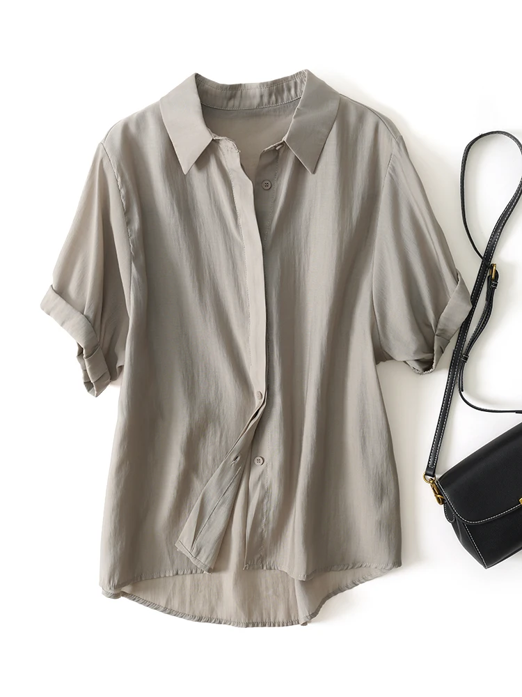 

Korean Sle Collar Silk irt Women's Loose Fit Summer New ort Sve Slimming Versatile Top Trendy Commute Sle Pur...