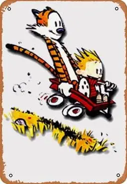 Calvin and Hobbes Down Hill Wagon Metal Poster Retro Wall Art Decor Tin Sign - 8 X 12 Inches