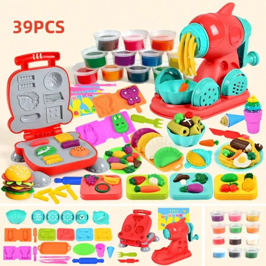Kindertag Bestes Geschenk 3-in-1 Farb-Knetmaschinen-Set für Kinder von 3-8 Jahren, 24 Farben mit Eiscreme-/Nudel-/Hamburgerformer, Lebensmittelmodellier-Spielzeug für fantasievolles Spielen