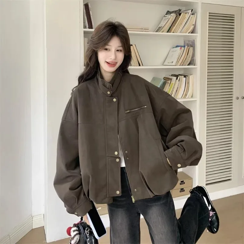 Brown Design PU Leather Jacket for Women's Spring and Autumn 2026 New Cool and Stylish Jacket, Female Loose Stand Up Collar Top