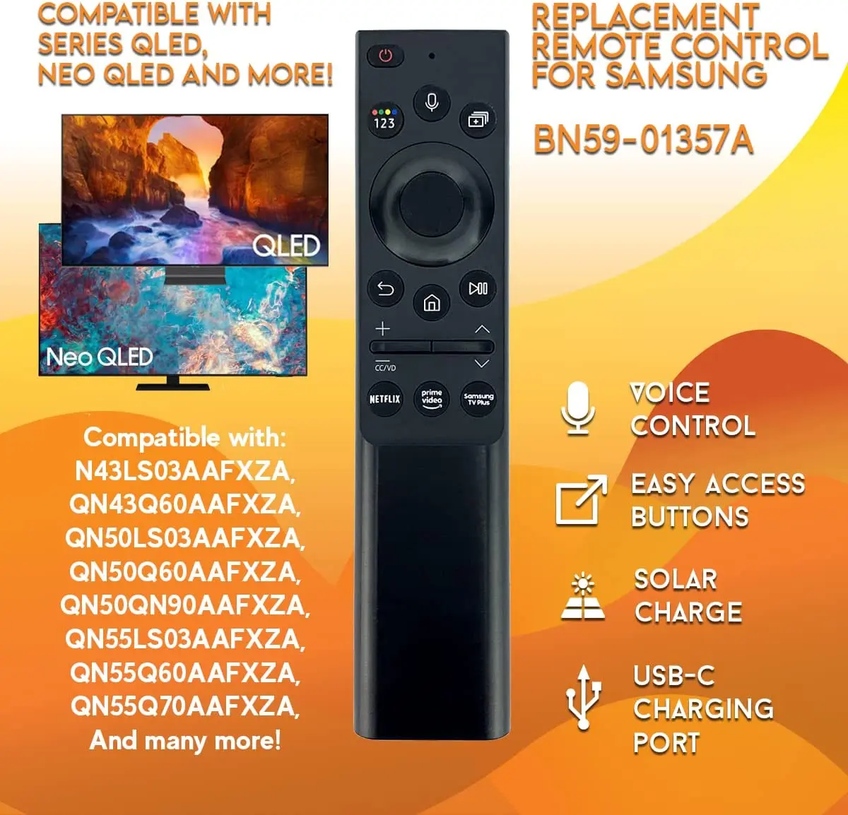 Original BN59-01357A Voice Remote Control for SAMSUNG most 2021 Models QLED 4K or 8K Smart TV QN55QN85 Rechargeable Solar Cell