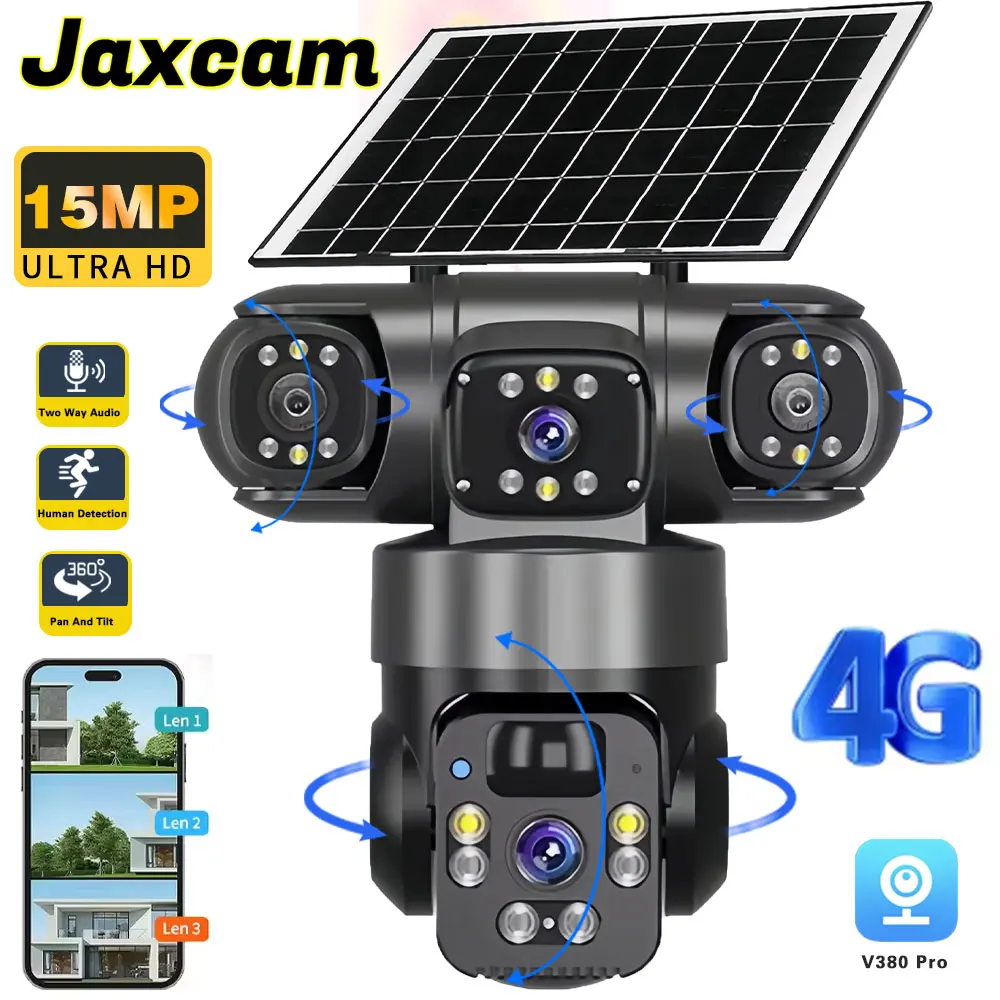 

3 Lens 3 Screen 12MP 4G SIM Solar Camera Outdoor IP66 Surveillance Wireless CCTV Gimbal Security Solar Panel Camera V380 Pro