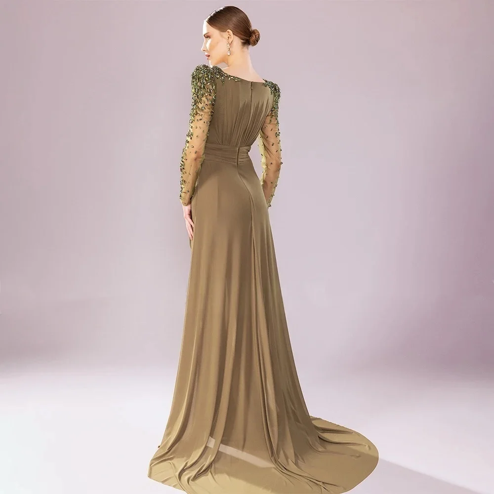 JDY Abito da cerimonia nuziale di lusso personalizzato Abito da sera formale con colonna a maniche lunghe in cristallo Abito da sposa con spacco laterale in chiffon