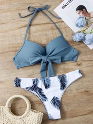 Halter Knot przód Bikini Set 2023 kobiet trójkąt z nadrukiem w liście strój kąpielowy seksowne stroje kąpielowe wyściełany strój kąpielowy damski pasek stroje kąpielowe