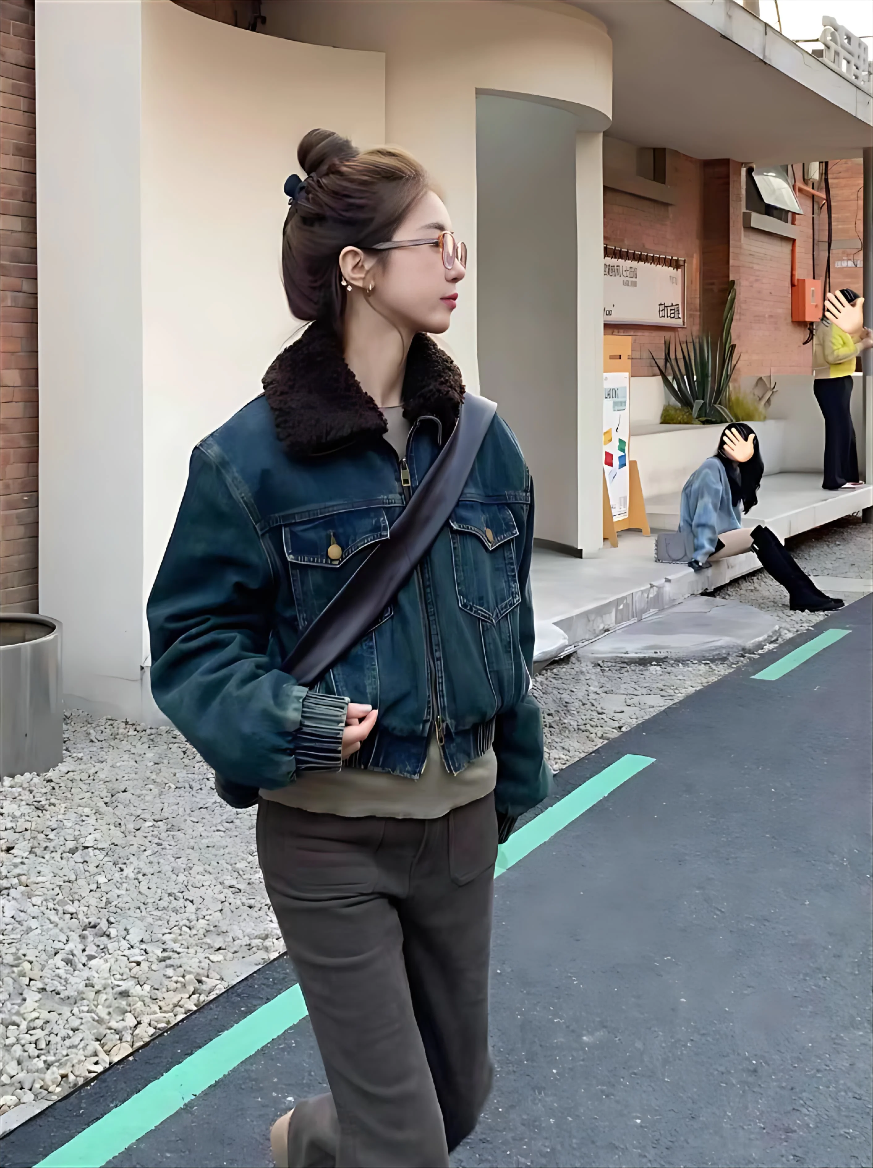 

Denim Coat Good Quality Fur Plush Womens Autumn Standneck Minimalist Preppy Style School Patchwork Waistband Easy Fitted Jackets