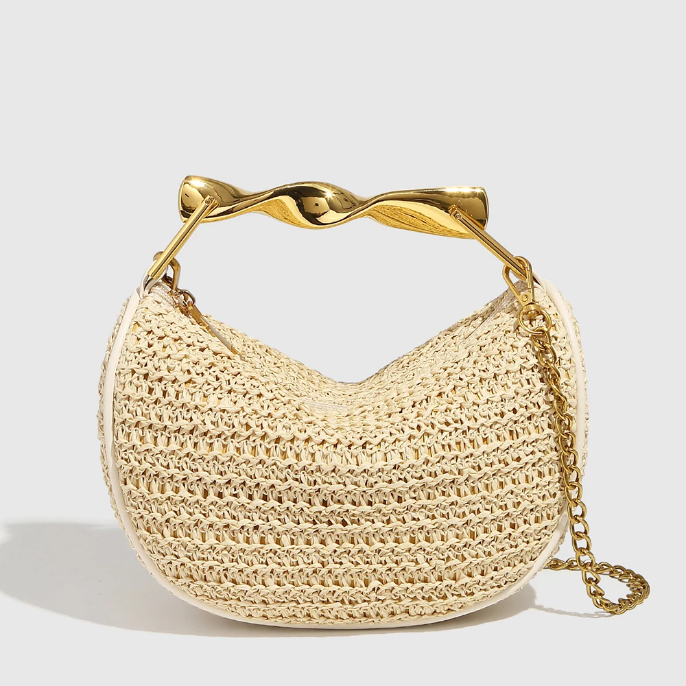 

Роскошная пляжная сумка с металлической ручкой, тканые соломенные сумки в форме полумесяца для женщин, дизайнерская сумка через плечо, мини-клатчи, сумки на плечо