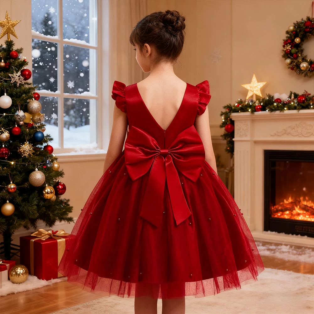 Elegantes Kleid für Mädchen, Weihnachtskostüm, rotes Prinzessinnenkleid, Weihnachts-Partykleider für Mädchen, rückenfreies Abendkleid, Neujahrsgeschenke für Kinder